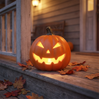 Light-Up Jack-O-Lantern Pumpkin glowing on a front porch step at dusk