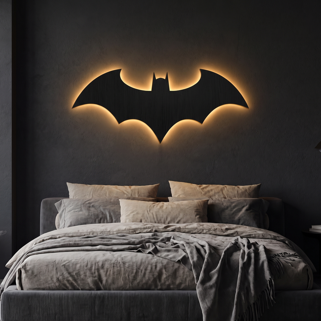 Halloween Bat Wall Lamp glowing above a bed in a dark bedroom