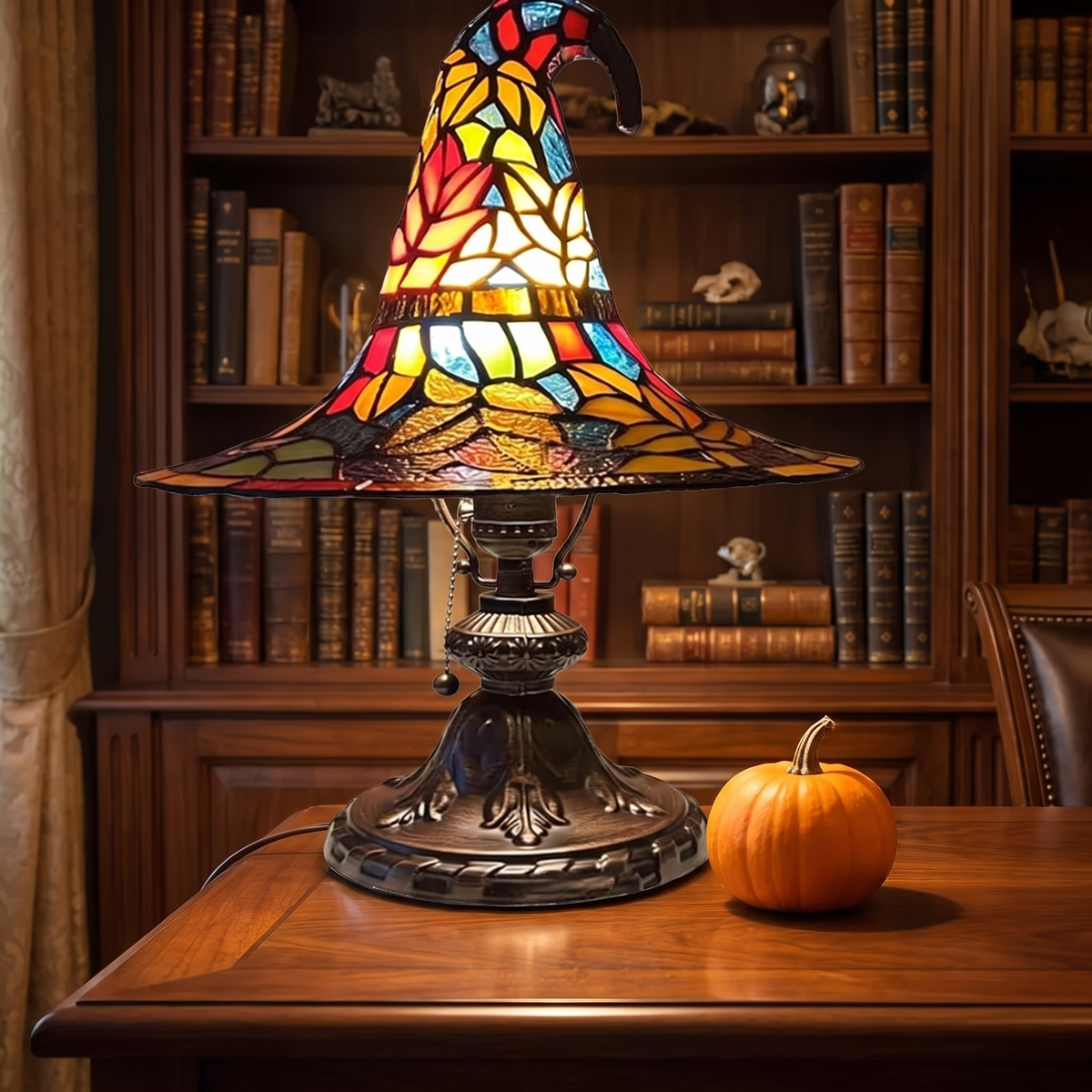Stained Glass Witch Hat Lamp lit on a walnut desk in a study