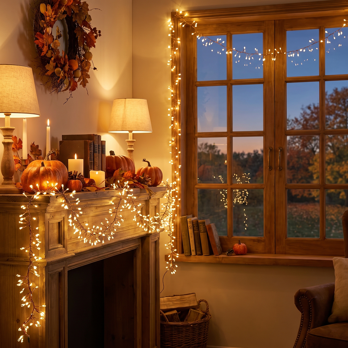Firecracker Fairy String Lights draped along a mantel and window in an autumn living room