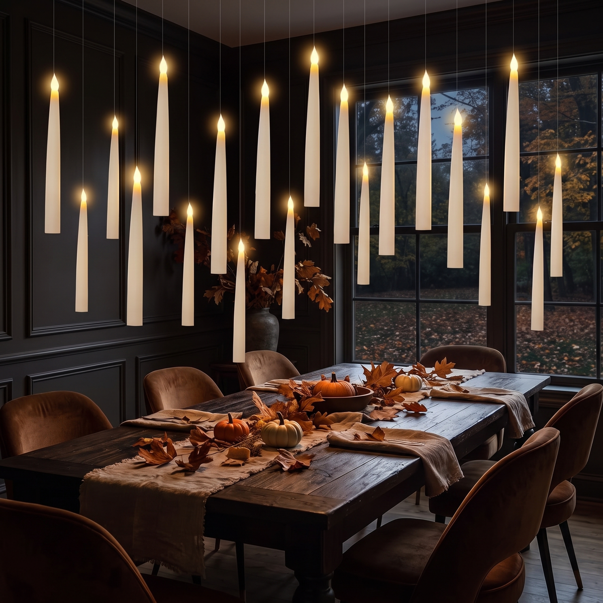 Floating LED Candles with Wand, Set of 12 floating above a dining table