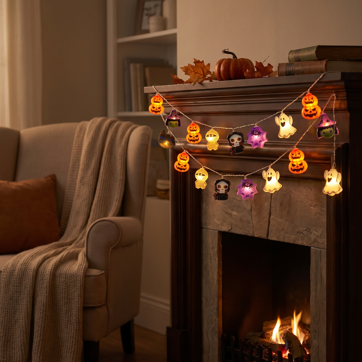 Halloween Pumpkin & Ghost String Lights draped along a fireplace mantel at night