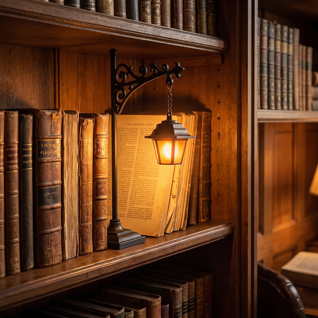 Halloween Bookshelf Lantern, Set of 2 glowing on a bookshelf in a reading nook