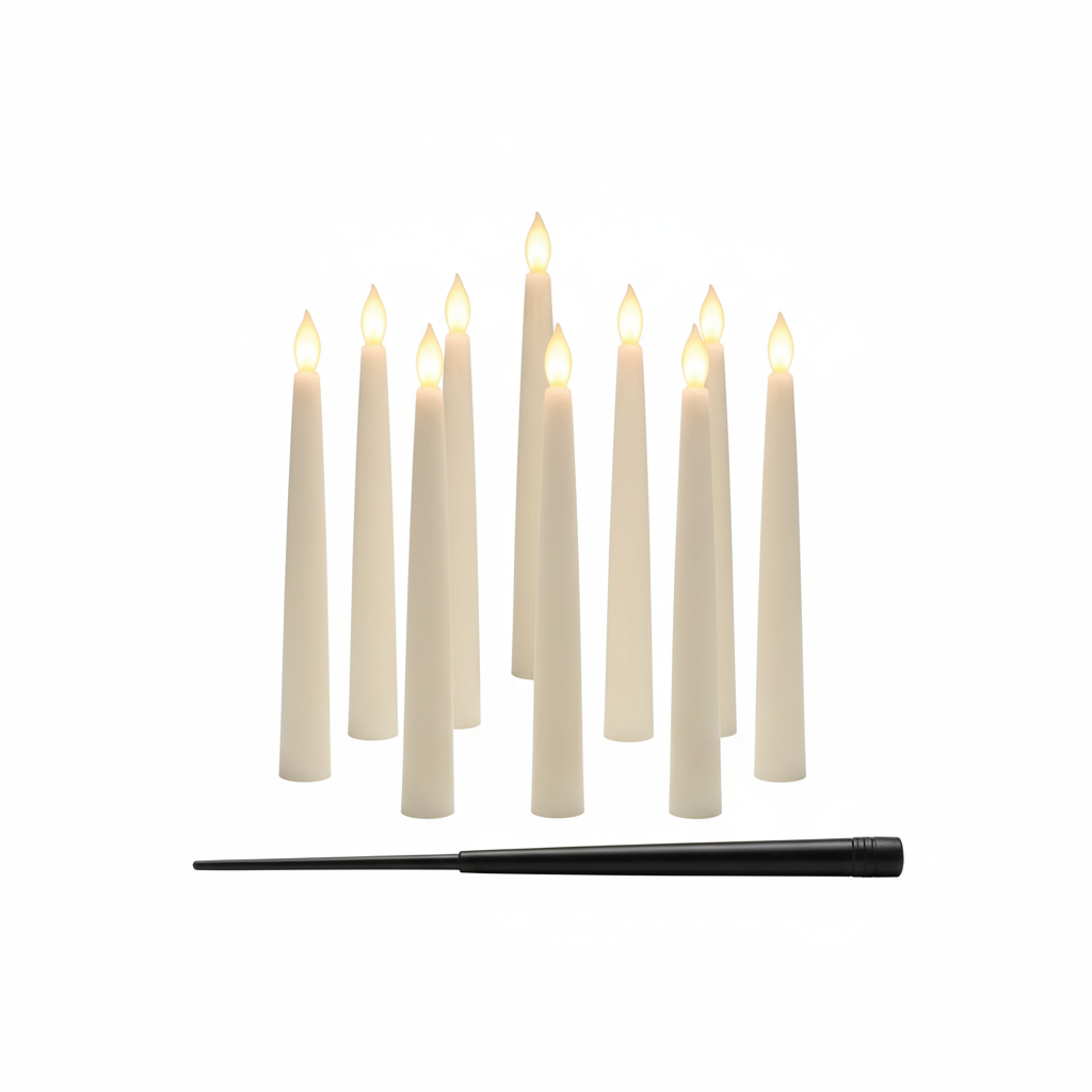 Floating LED Candles with Wand, Set of 12 on white background