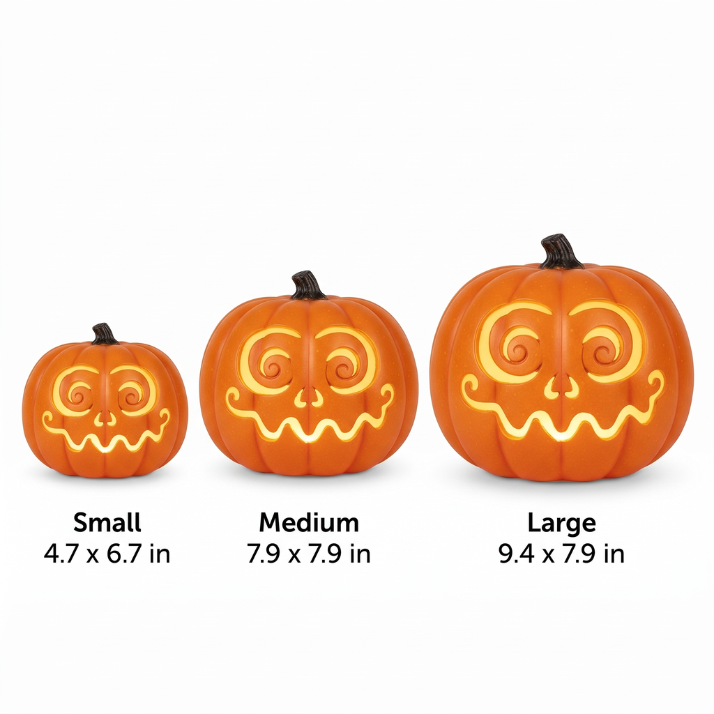 Light-Up Jack-O-Lantern Pumpkin size guide showing small, medium and large