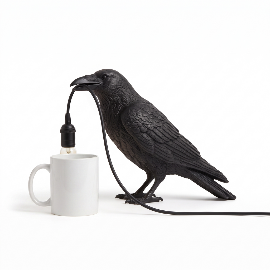 Halloween Raven Table Lamp size reference next to a mug