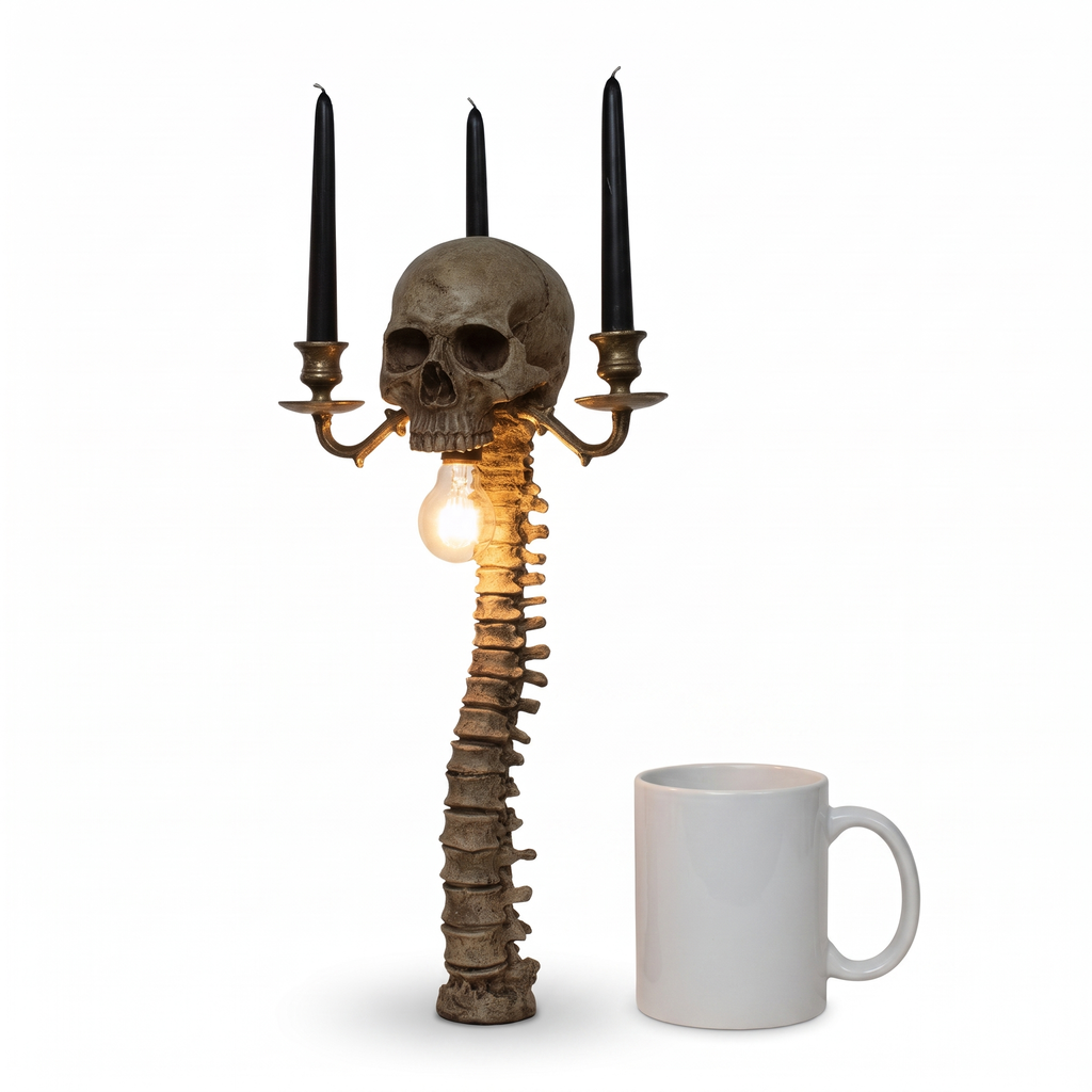 Gothic Skull Candelabra Lamp size reference next to a mug