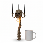 Gothic Skull Candelabra Lamp size reference next to a mug