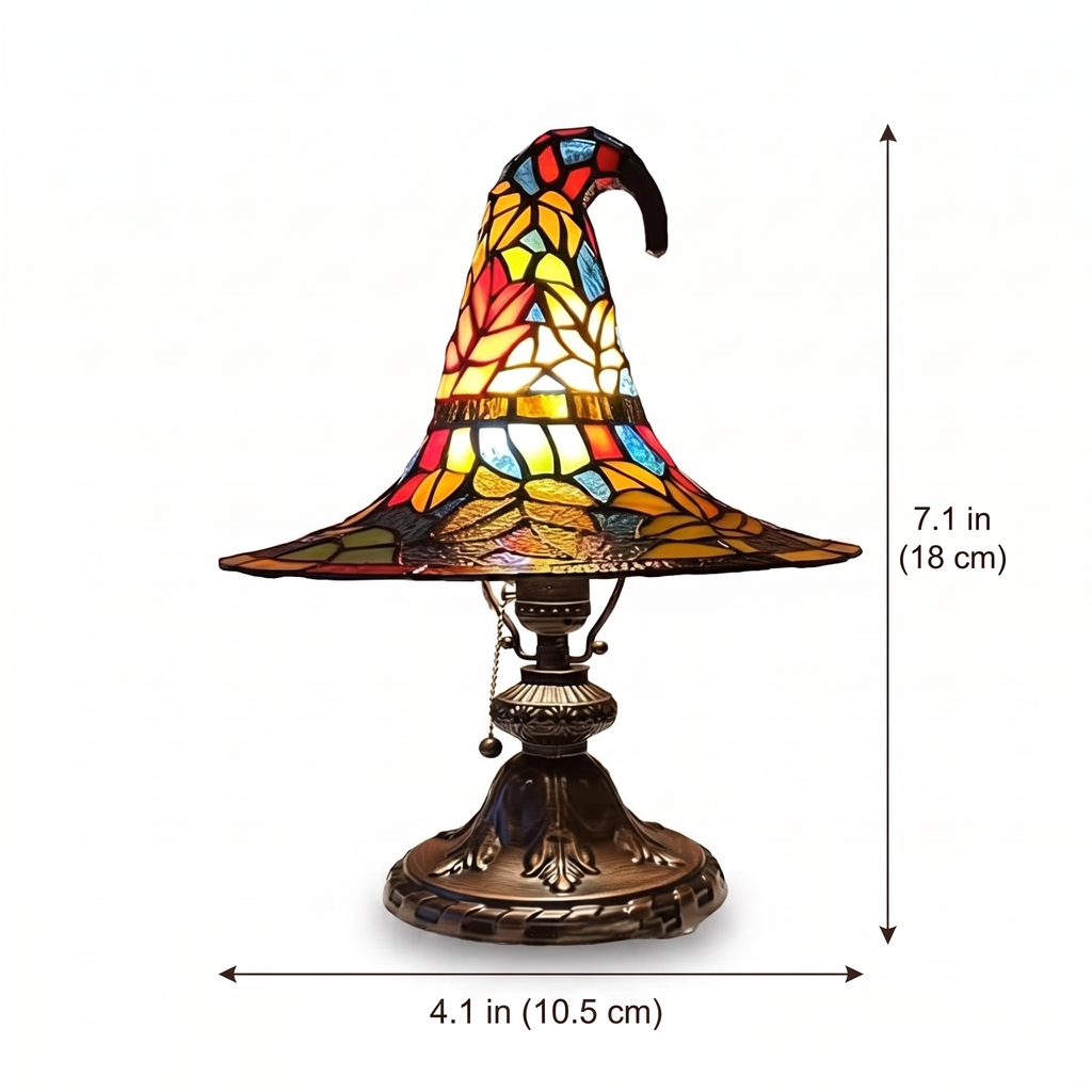 Stained Glass Witch Hat Lamp size guide with dimensions