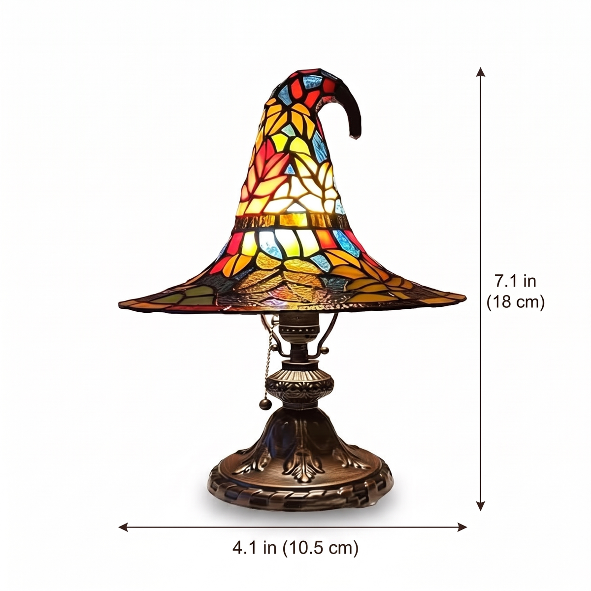 Stained Glass Witch Hat Lamp size guide with dimensions