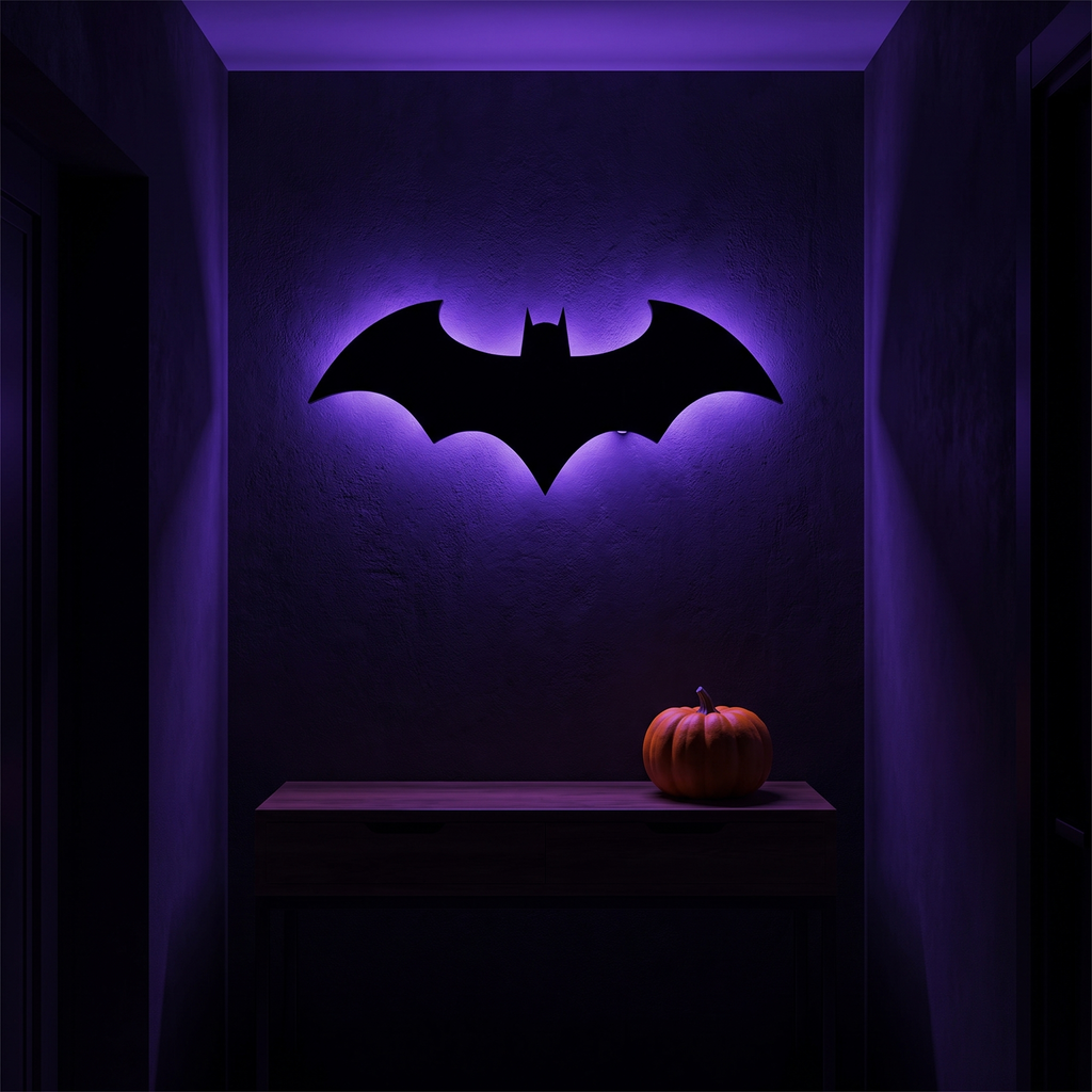Halloween Bat Wall Lamp glowing purple in a dark hallway