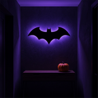Halloween Bat Wall Lamp glowing purple in a dark hallway