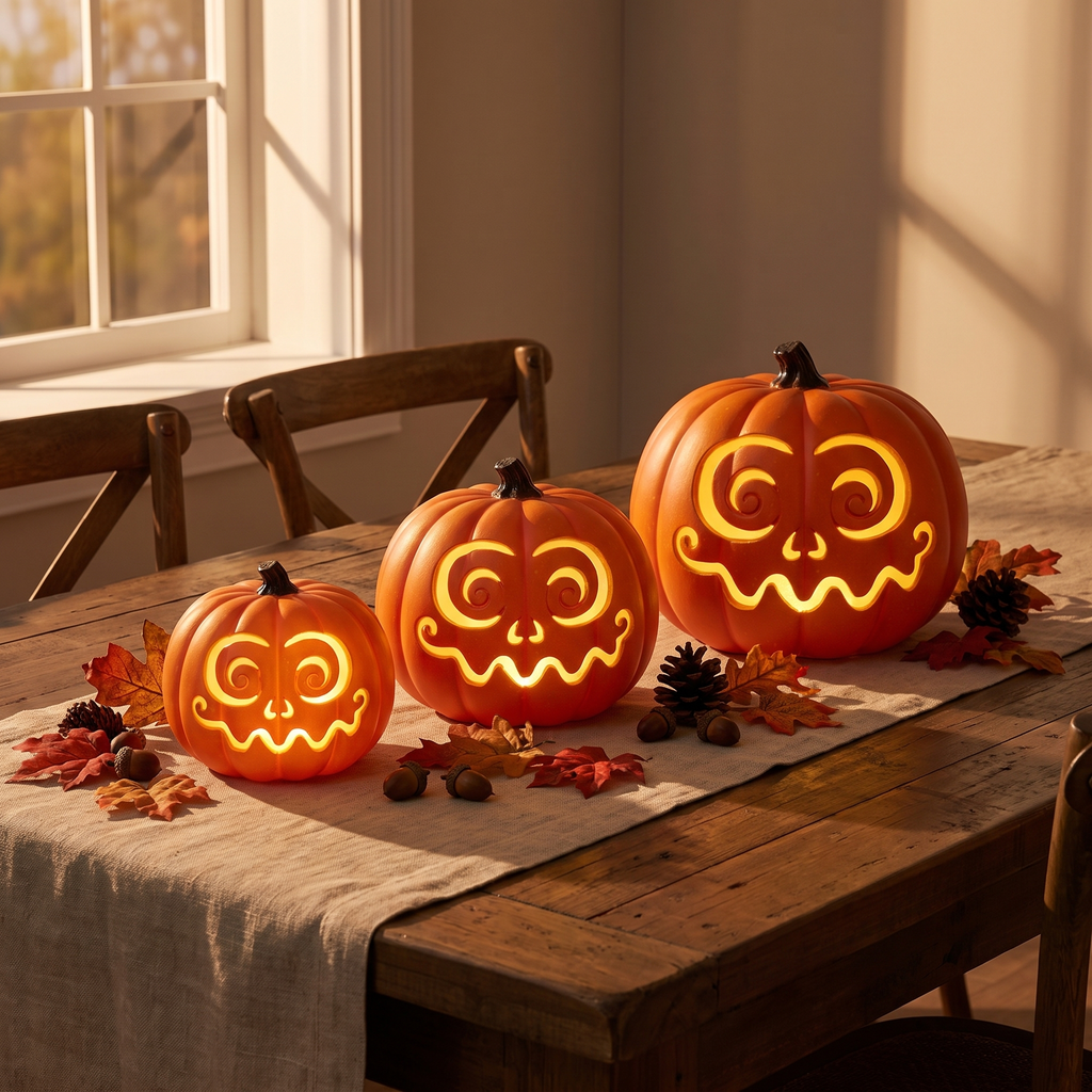 Light-Up Jack-O-Lantern Pumpkin three sizes on a dining table