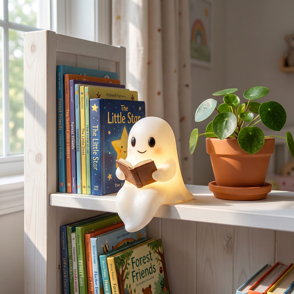 Ghost Reading Night Light on a white bookshelf