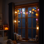 Halloween Pumpkin & Ghost String Lights around a kids bedroom window