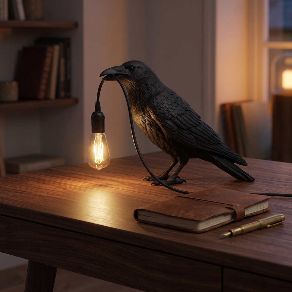 Halloween Raven Table Lamp on a walnut desk in a home office