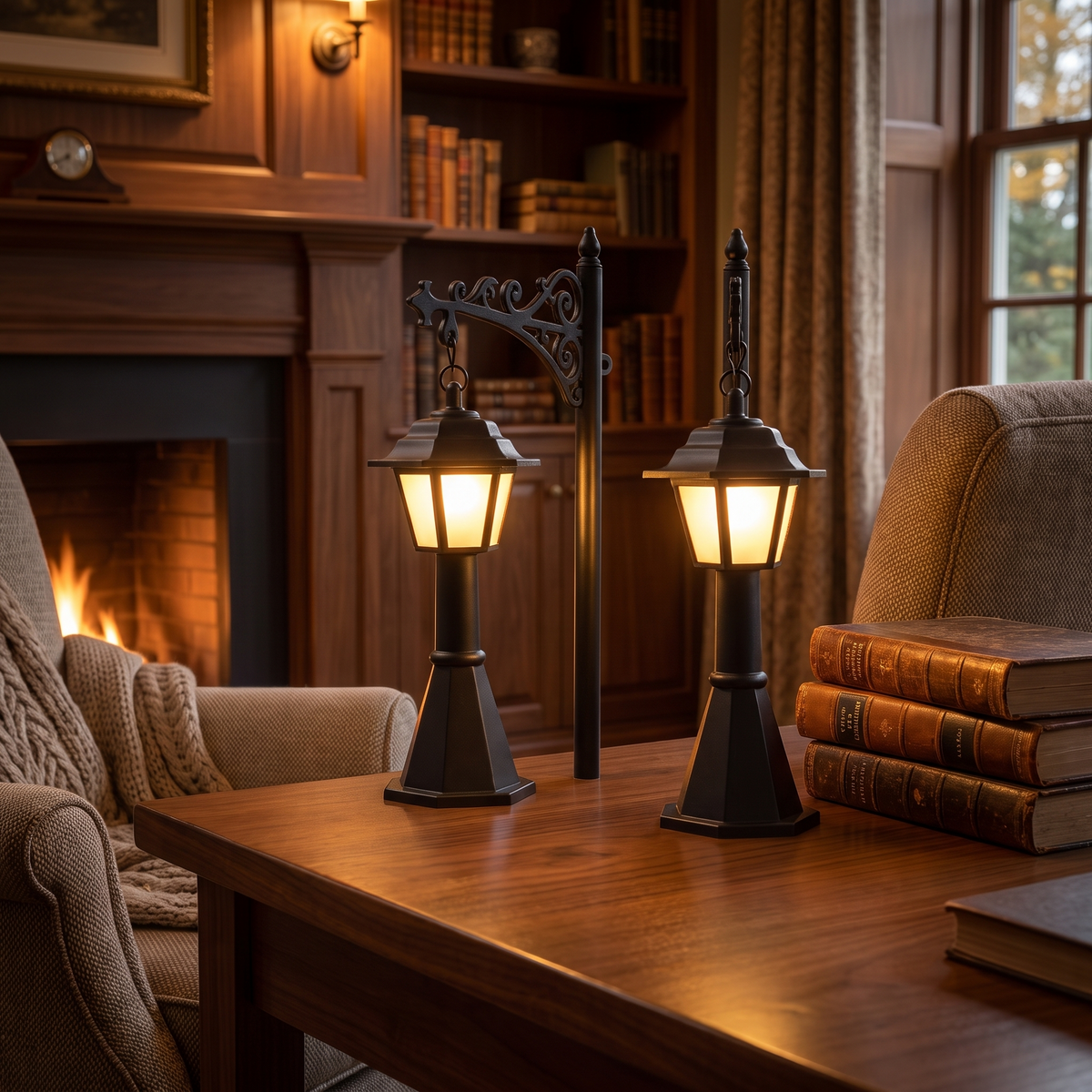 Halloween Bookshelf Lantern, Set of 2 on a walnut desk beside books