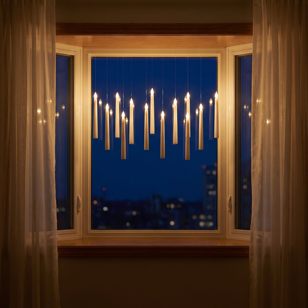 Floating LED Candles with Wand, Set of 12 hanging in a bay window at night