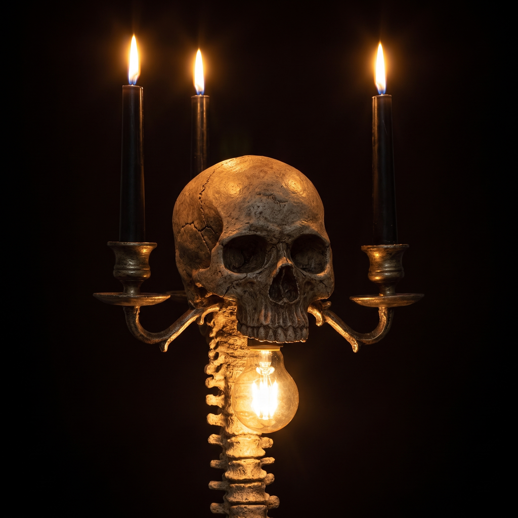 Gothic Skull Candelabra Lamp close-up of the skull and candle lights