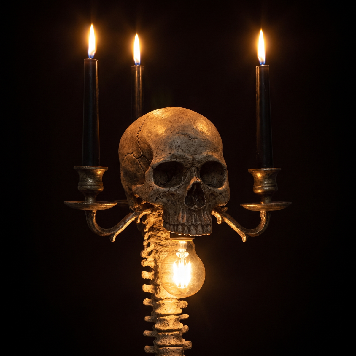 Gothic Skull Candelabra Lamp close-up of the skull and candle lights