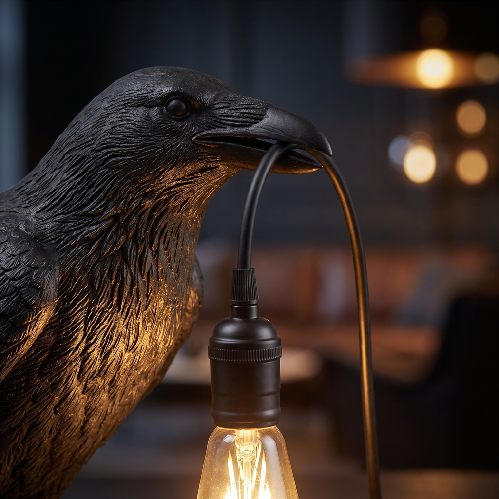 Halloween Raven Table Lamp close-up of the raven and lit bulb