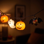 Halloween Pumpkin & Ghost String Lights close-up of the pumpkin, ghost and bat lanterns