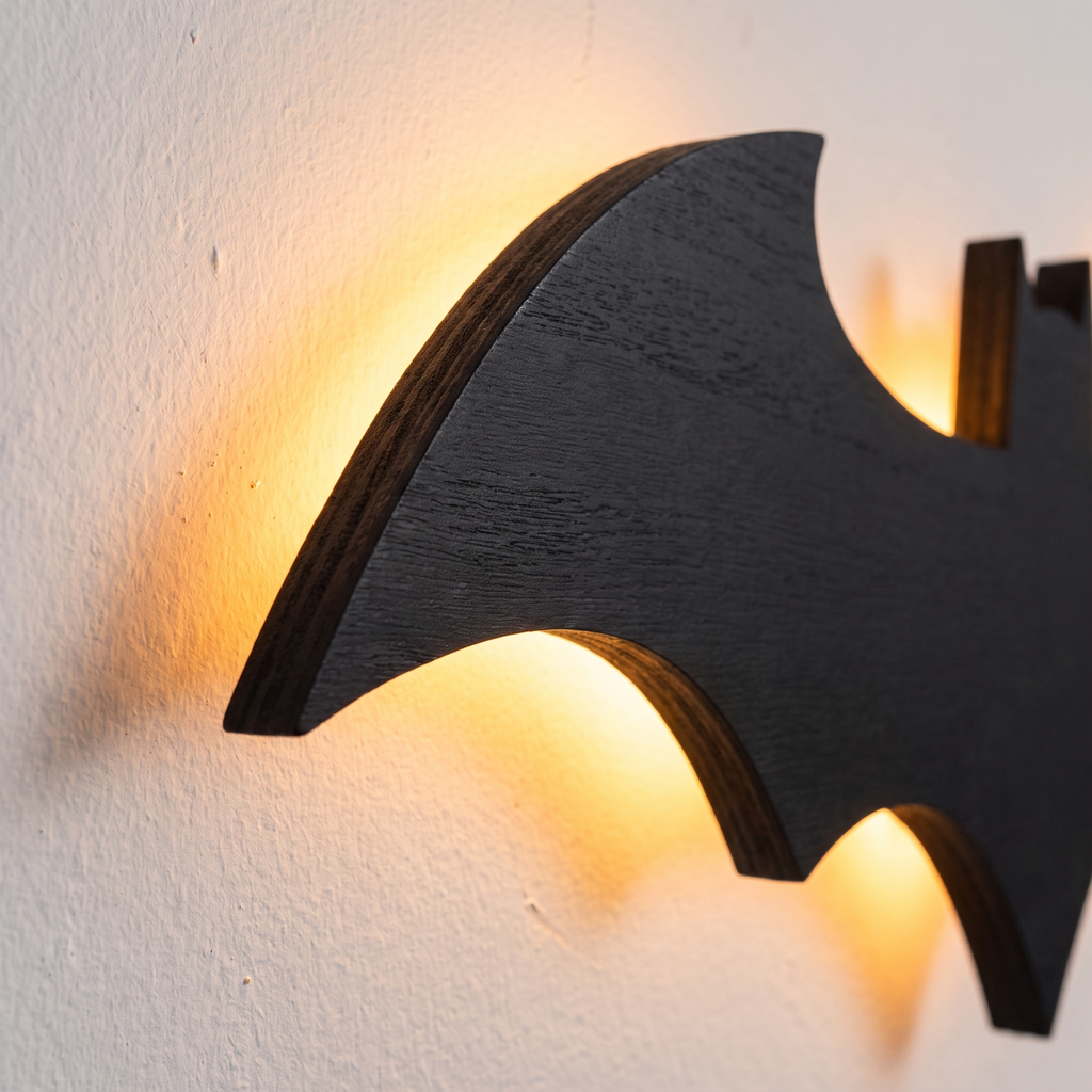 Halloween Bat Wall Lamp close-up of the wood edge and glow