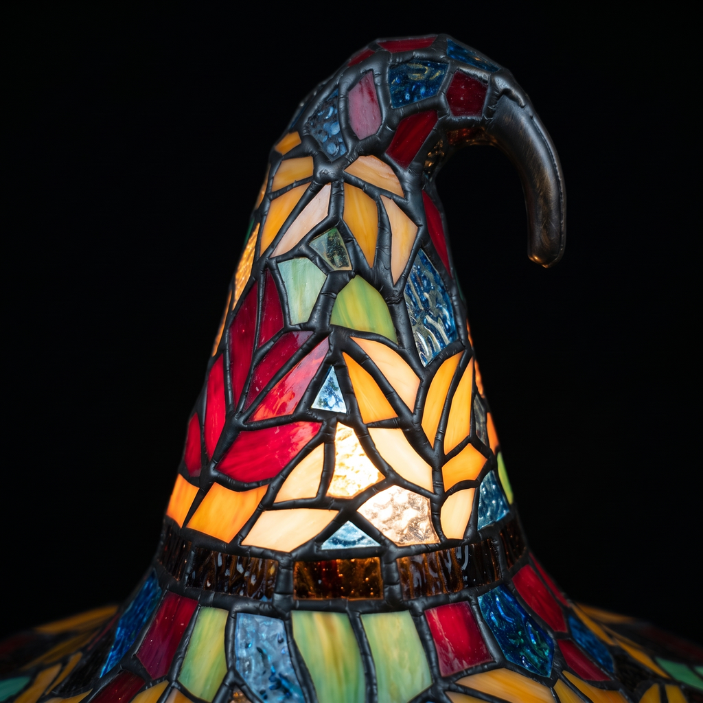 Stained Glass Witch Hat Lamp close-up of the stained glass panels