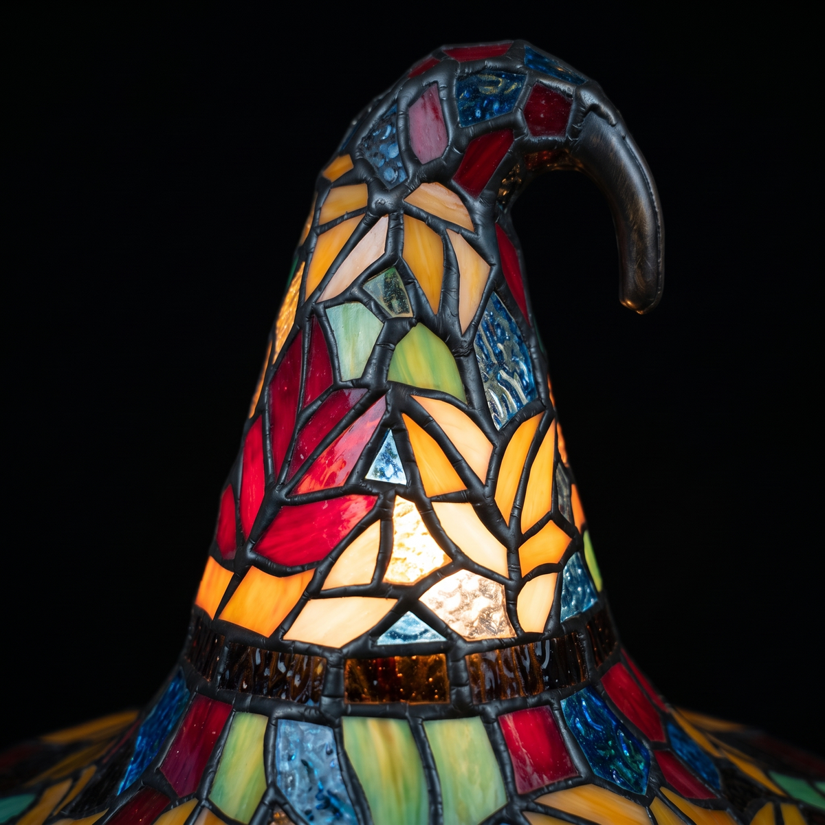 Stained Glass Witch Hat Lamp close-up of the stained glass panels