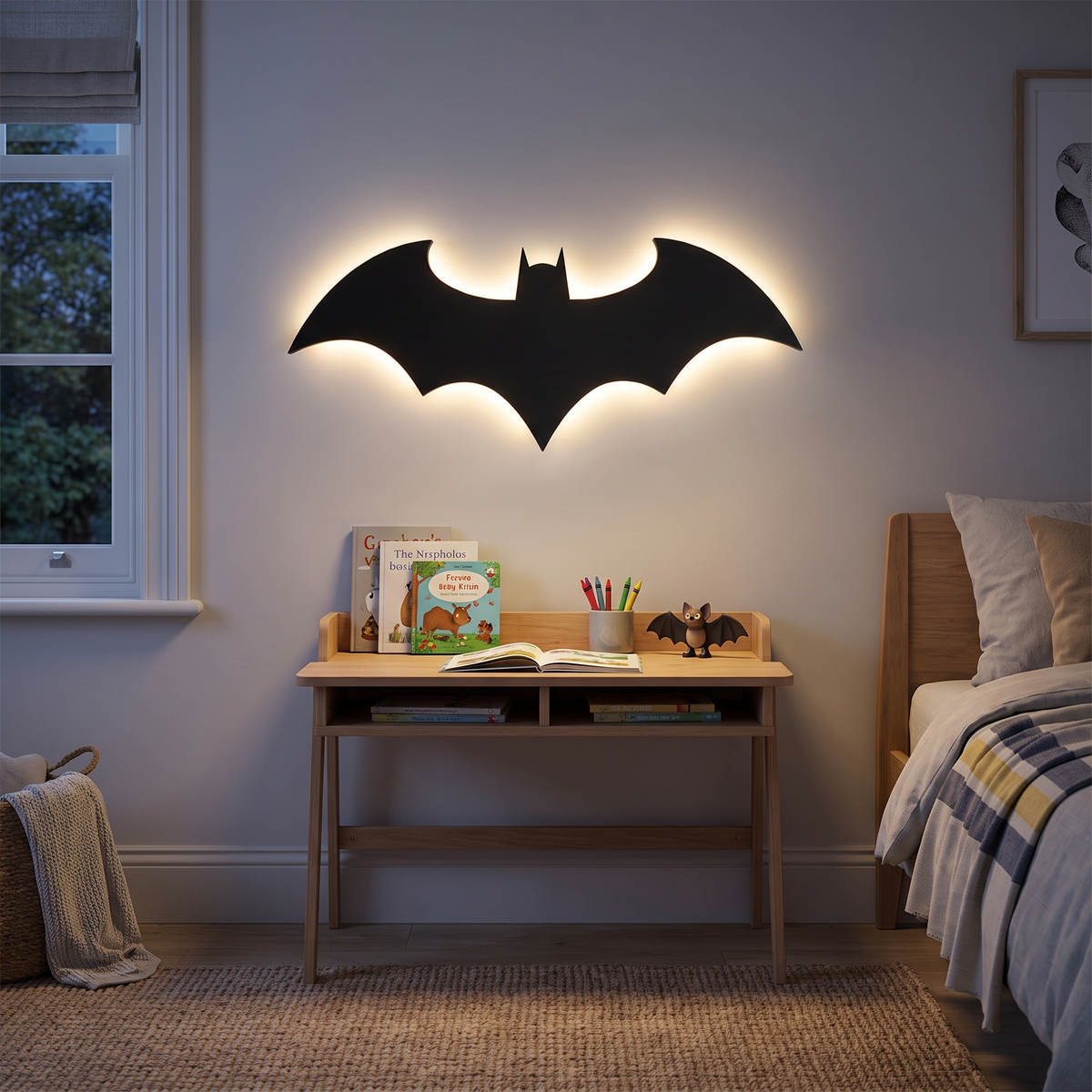 Halloween Bat Wall Lamp glowing white in a kids bedroom