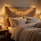Firecracker Fairy String Lights along a wooden headboard
