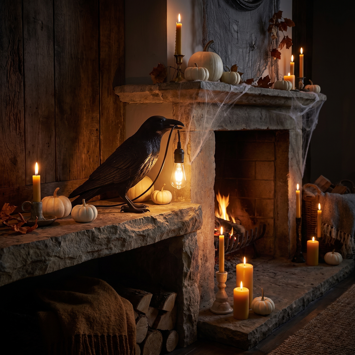 Halloween Raven Table Lamp on a mantel decorated for Halloween