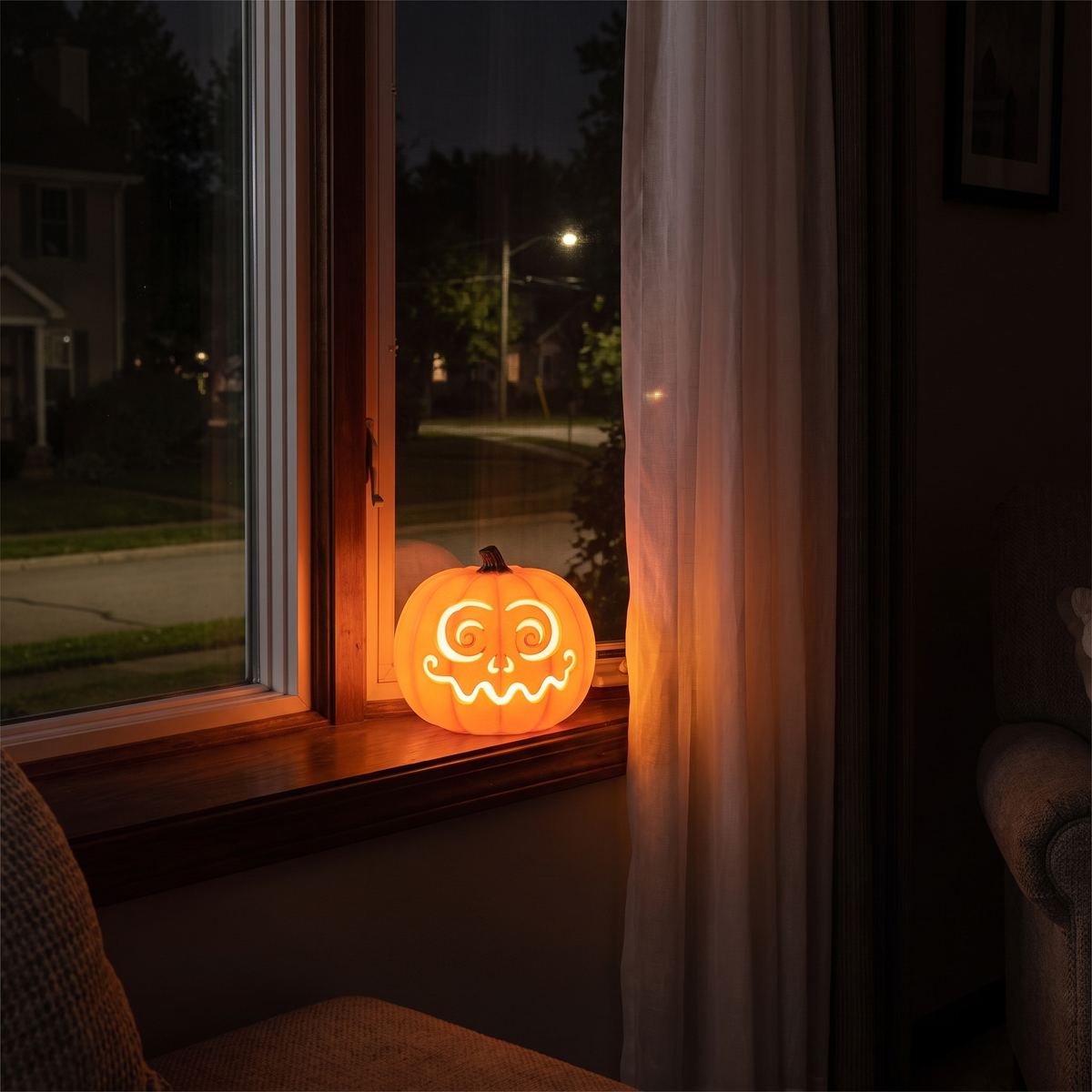 Light-Up Jack-O-Lantern Pumpkin glowing in a window at night