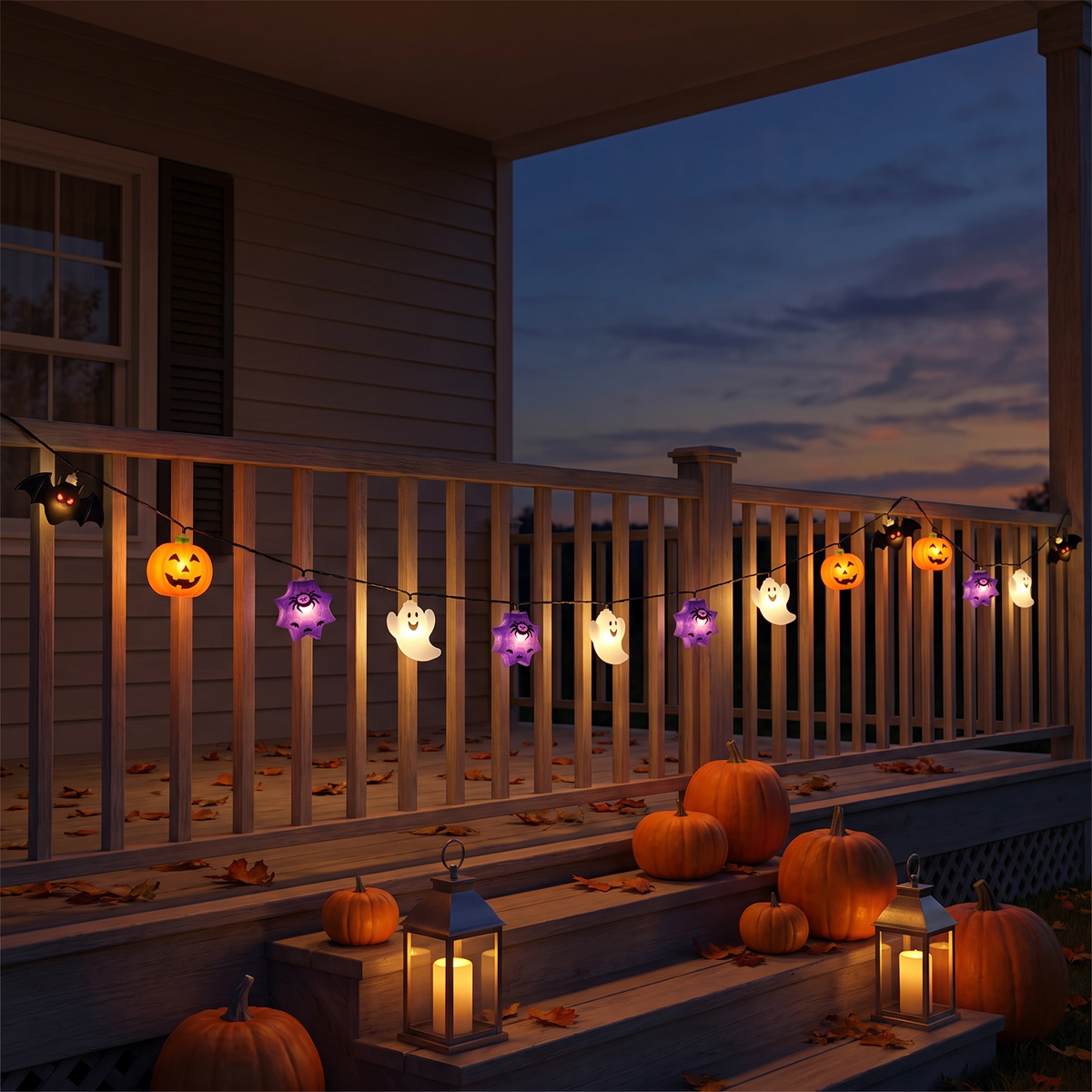 Halloween Pumpkin & Ghost String Lights along a front porch railing