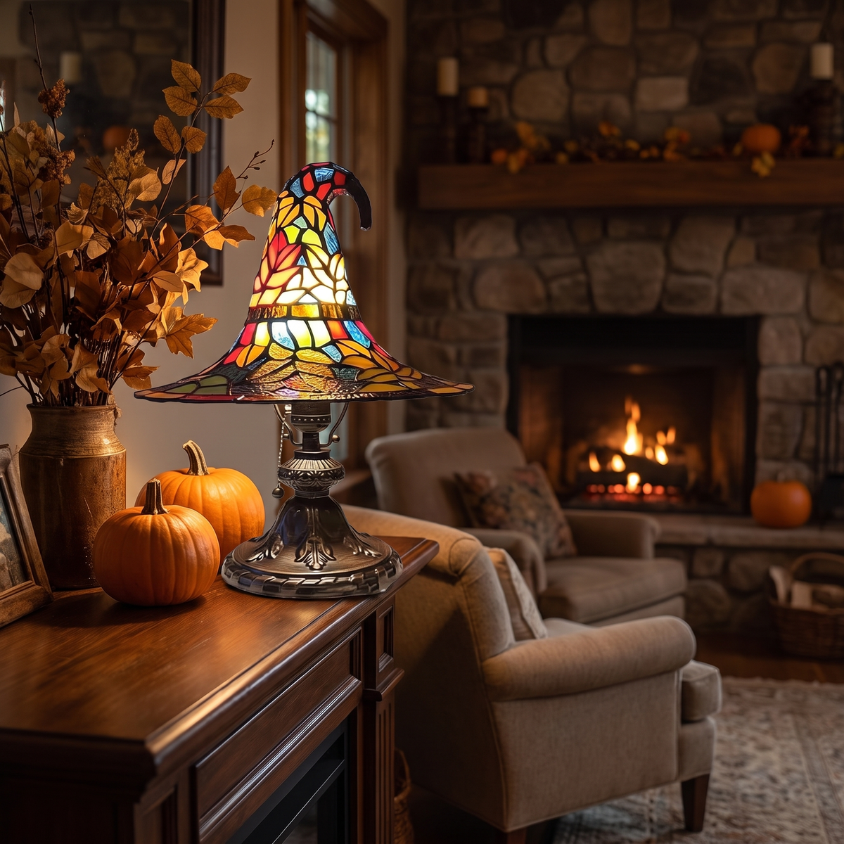 Stained Glass Witch Hat Lamp on a mantel with pumpkins