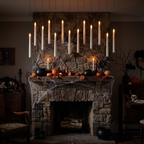 Floating LED Candles with Wand, Set of 12 hanging above a fireplace mantel