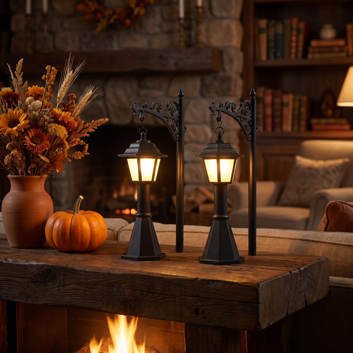 Halloween Bookshelf Lantern, Set of 2 on a mantel with a pumpkin