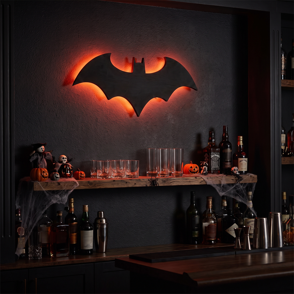 Halloween Bat Wall Lamp glowing red above a home bar