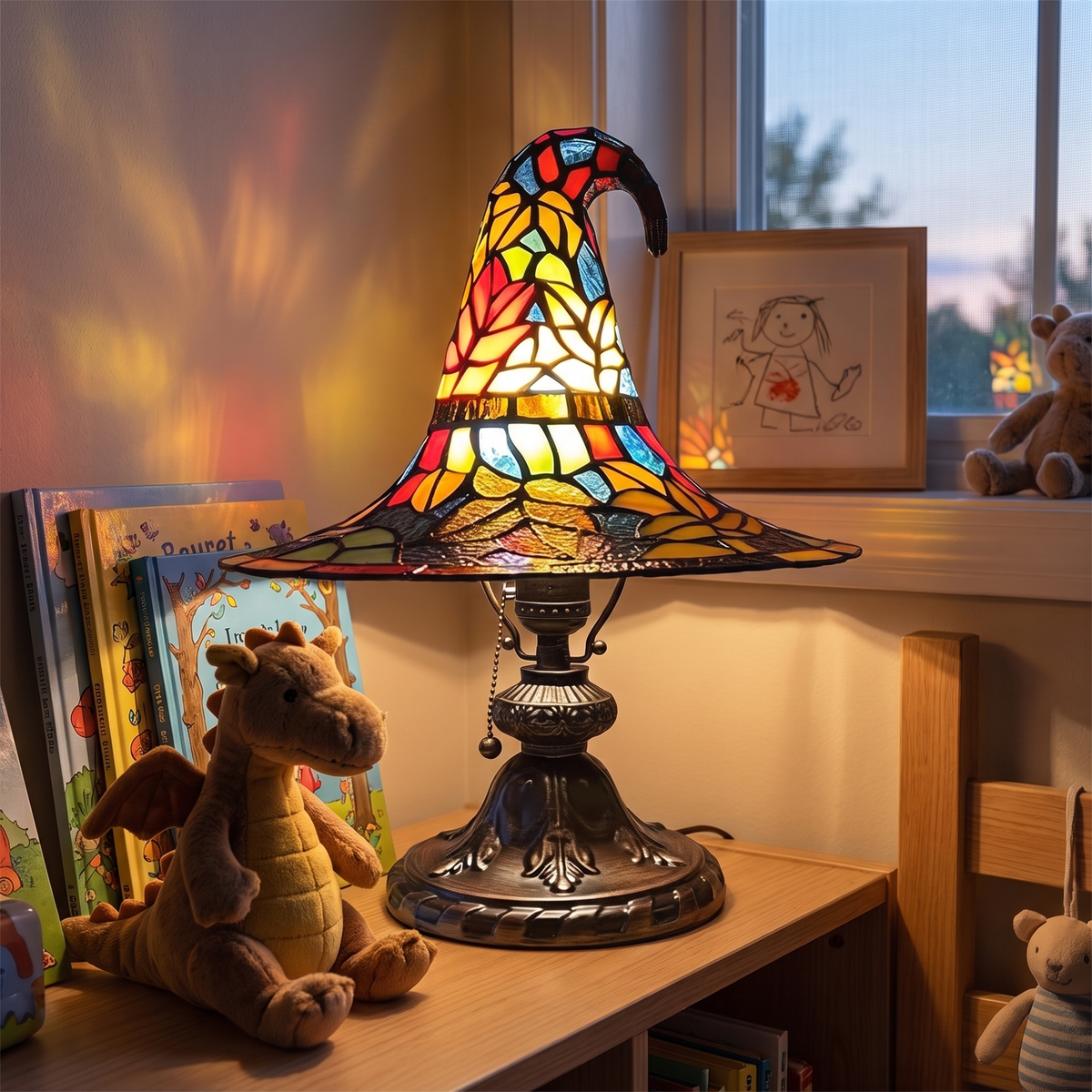 Stained Glass Witch Hat Lamp on a kids bedroom shelf