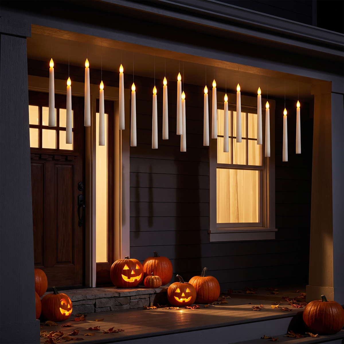 Floating LED Candles with Wand, Set of 12 hanging over a front porch