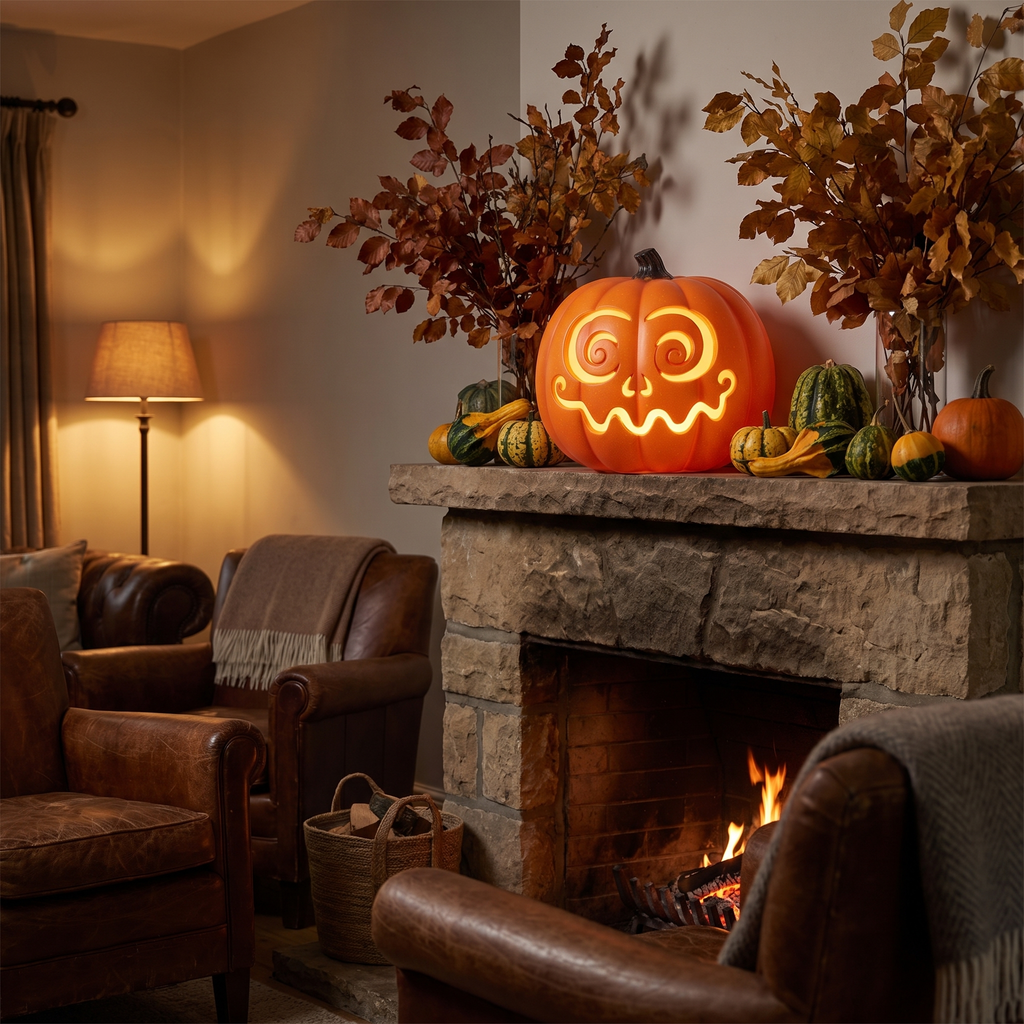 Light-Up Jack-O-Lantern Pumpkin on a fireplace mantel