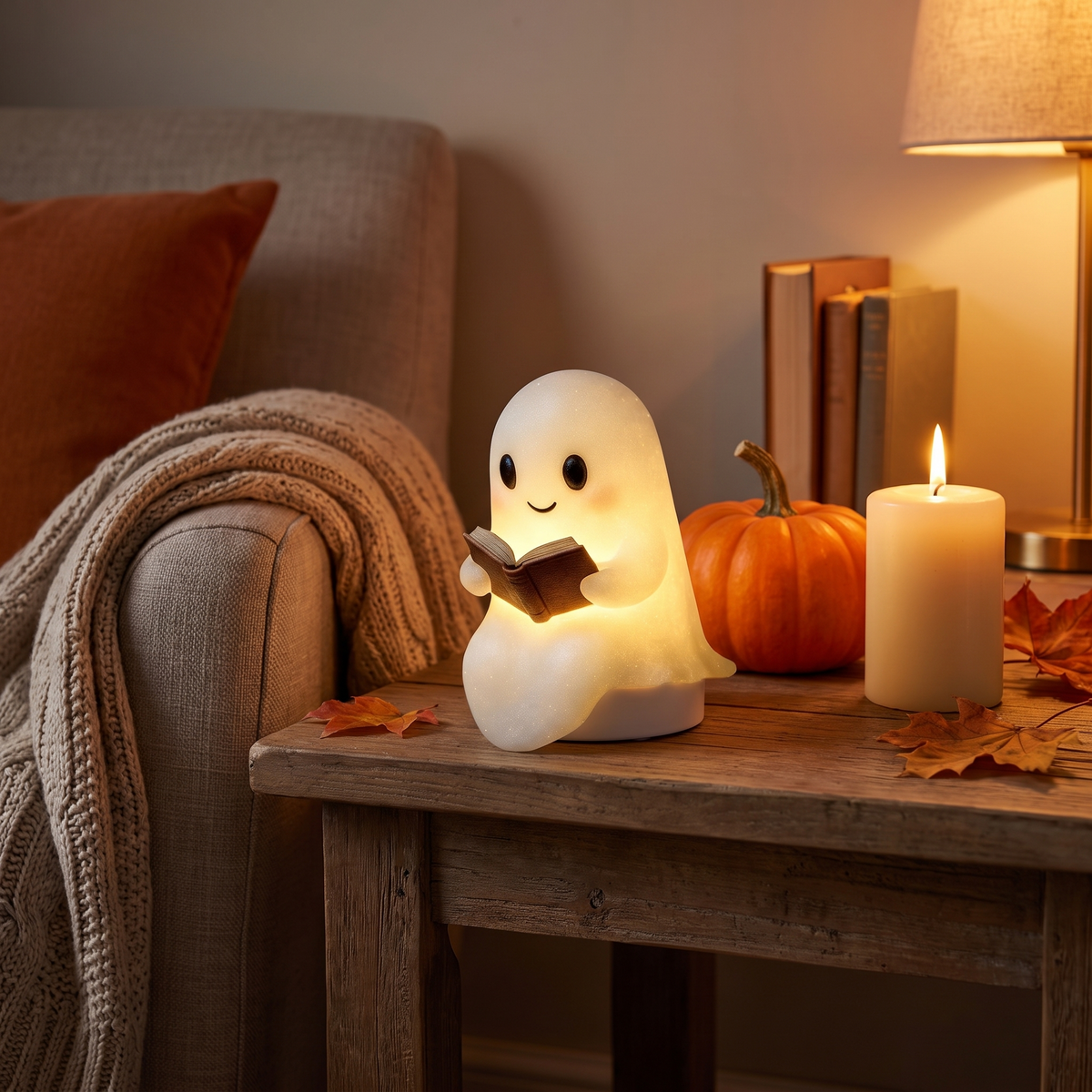 Ghost Reading Night Light on a side table with a pumpkin