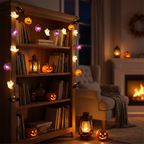 Halloween Pumpkin & Ghost String Lights along a bookshelf