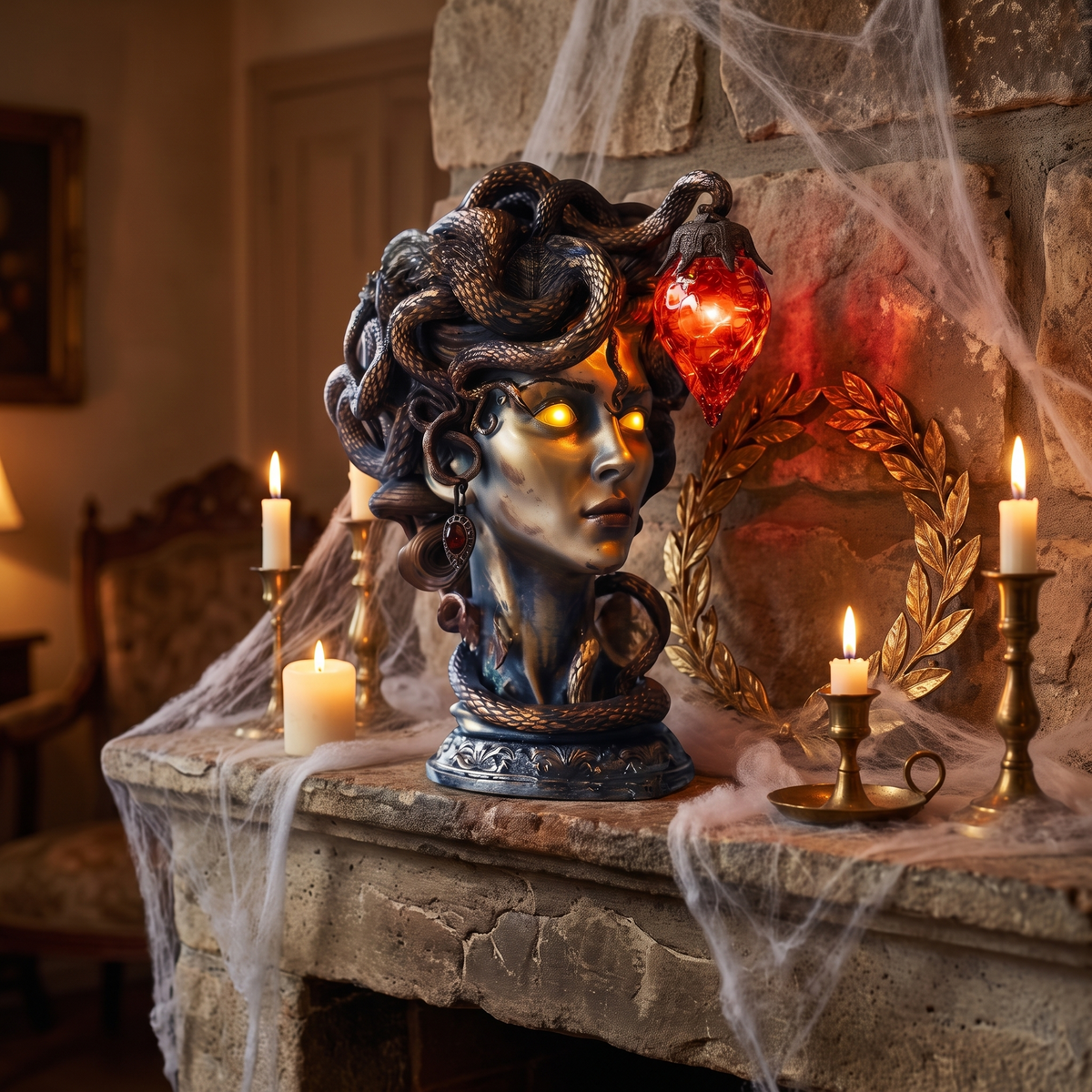 Gothic Medusa Table Lamp, Silver on a Halloween mantel