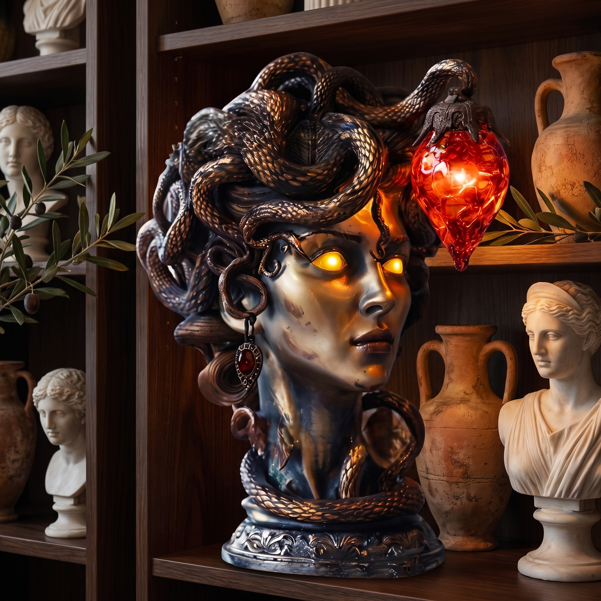 Gothic Medusa Table Lamp, Silver on a bookshelf with classical Greek busts