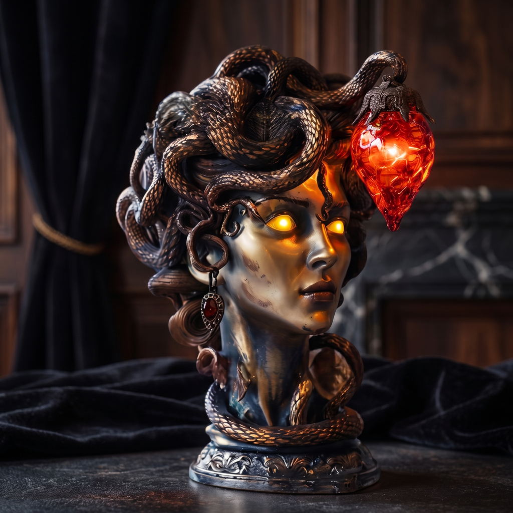 Gothic Medusa Table Lamp, Silver close-up of the snake hair and heart bulb