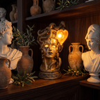 Medusa Table Lamp, Gold on a bookshelf with classical Greek busts