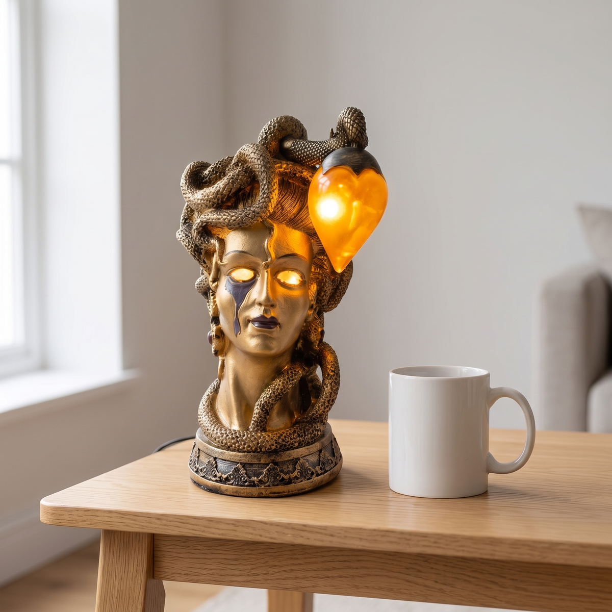 Medusa Table Lamp, Gold size reference next to a coffee mug