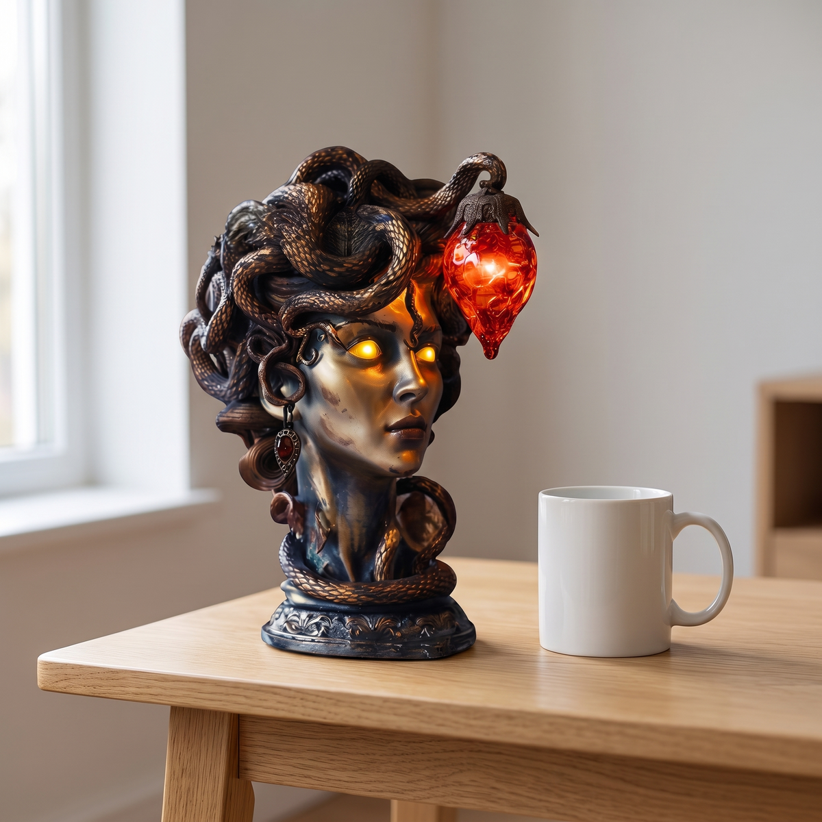 Gothic Medusa Table Lamp, Silver size reference next to a coffee mug