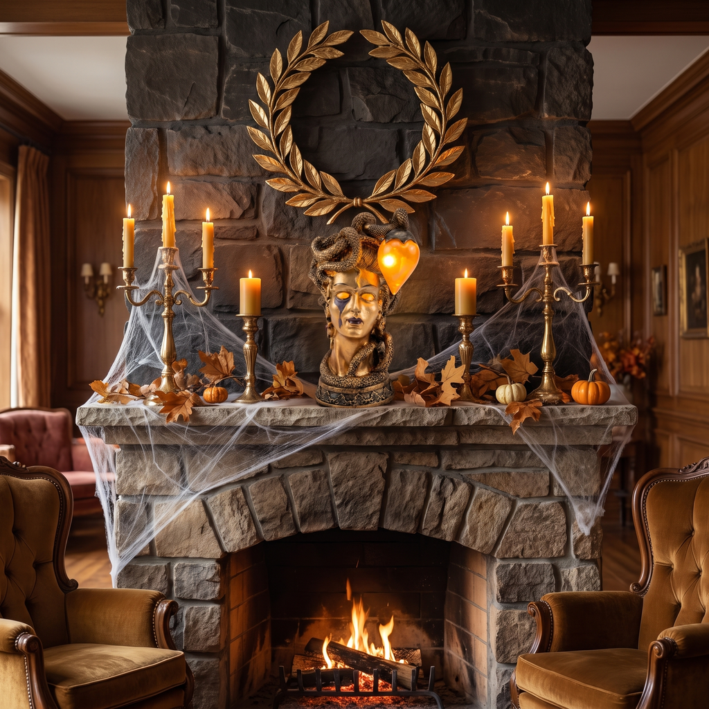 Medusa Table Lamp, Gold on a Halloween mantel